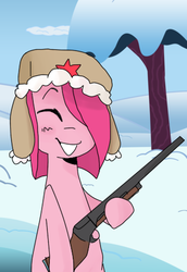 Size: 319x464 | Tagged: safe, artist:meowing-ghost, pinkie pie, earth pony, pony, g4, female, gun, russian, shotgun, solo, soviet, weapon, winter