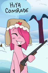 Size: 336x512 | Tagged: safe, artist:meowing-ghost, pinkie pie, earth pony, pony, g4, female, gun, russian, shotgun, solo, soviet, weapon, winter
