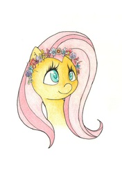 Size: 1389x1969 | Tagged: safe, artist:depressedcomedian, fluttershy, g4, bust, female, floral head wreath, flower, solo, traditional art