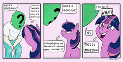 Size: 1276x643 | Tagged: safe, artist:trickydick, edit, twilight sparkle, oc, oc:anon, human, pony, unicorn, g4, behaving like a dog, comic, cute, dialogue, happy, open mouth, overanalyzing, parody, philosophy, slice of life, smiling, starry eyes, thought bubble, three panel soul, twilight dog, unicorn twilight, who's a good pony, wingless edit