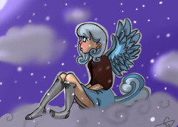 Size: 504x360 | Tagged: safe, artist:clio31, oc, oc only, oc:snowdrop, human, clothes, cloud, cloudy, humanized, humanized oc, socks, solo, tailed humanization, winged humanization
