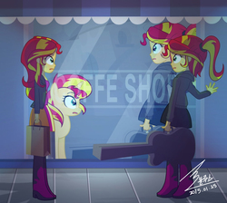Size: 1100x986 | Tagged: safe, artist:bluse, sunset shimmer, human, pony, unicorn, equestria girls, g4, my little pony equestria girls: rainbow rocks, awkward, awkward moment, coffee shop, duality, duo, female, guitar, guitar case, human counterpart, human ponidox, human sunset, reflection, self paradox, self ponidox, show accurate, sweat