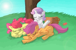 Size: 797x527 | Tagged: safe, artist:jeremy3, apple bloom, scootaloo, sweetie belle, earth pony, pony, g4, cuddle puddle, cuddling, cutie mark crusaders, sleeping, tree
