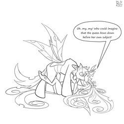 Size: 2048x2048 | Tagged: safe, artist:briarspark, queen chrysalis, oc, oc:poisoned soul, changeling, pony, g4, changelingified, chrysalislover, high res, monochrome, pinned, pinned down, shipping