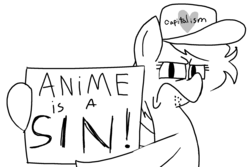 Size: 2288x1528 | Tagged: artist needed, safe, oc, oc only, oc:little league, /mlp/, 4chan, female, filly, monochrome, op is a duck, op is trying to start shit, sign
