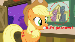 Size: 1280x720 | Tagged: safe, edit, edited screencap, screencap, applejack, earth pony, pony, g4, american gothic, applejack's parents, circled, female, grin, hilarious in hindsight, jossed, mare, op is a slowpoke, painting, parent, picture, smiling, squee