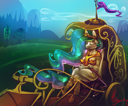 Size: 3068x2545 | Tagged: safe, artist:alumx, princess celestia, anthro, g4, carriage, eyes closed, female, high res, solo