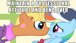 Size: 610x343 | Tagged: safe, edit, edited screencap, screencap, ms. harshwhinny, rainbow dash, g4, bend over, caption, female, image macro, meme, professionalism