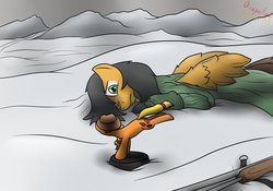 Size: 1280x897 | Tagged: safe, artist:the-furry-railfan, applejack, oc, oc:twintails, earth pony, pegasus, pony, fallout equestria, fallout equestria: occupational hazards, g4, attempted suicide, b.a.r., clothes, crying, death, fanfic, fanfic art, female, gun, hat, hooves, jacket, male, mare, memory, ministry mares, ministry mares statuette, mountain, outdoors, radiation, rifle, sad, snow, stallion, statuette, wings