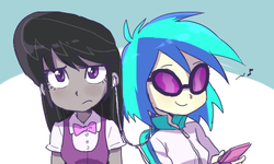 Size: 500x300 | Tagged: safe, artist:baekgup, dj pon-3, octavia melody, vinyl scratch, equestria girls, g4, duo, octavia is not amused, sunglasses, unamused, vinyl scratch is amused