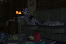 Size: 3000x2000 | Tagged: safe, artist:tahublade7, derpibooru exclusive, apple bloom, sweetie belle, anthro, plantigrade anthro, g4, 3d, barefoot, book, clothes, couch, daz studio, feet, flower pattern underwear, high res, night, oversized clothes, pajamas, panties, polka dot underwear, red underwear, sleeping, sleepover, sleepy, sweet apple acres, underwear, white underwear
