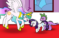 Size: 2550x1650 | Tagged: safe, artist:bico-kun, princess celestia, rarity, spike, g4, blushing, dancing, engagement ring, female, horn, horn ring, male, older, older spike, ship:sparity, shipping, straight