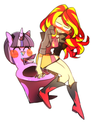 Size: 519x693 | Tagged: safe, artist:memoneo, sunset shimmer, twilight sparkle, object pony, original species, pony, toilet pony, equestria girls, g4, blank eyes, blushing, but why, clothes, drool, equestria girls ponified, female, ponified, species swap, toilet, toilet sparkle, twilight sparkle (alicorn), wat