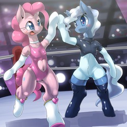Size: 1000x1000 | Tagged: safe, artist:oze, pinkie pie, pokey pierce, earth pony, unicorn, semi-anthro, g4, arm hooves, belly button, bipedal, blushing, booties, breasts, clothes, female, gloves, leotard, long gloves, navel cutout, open mouth, pink leotard, wrestling