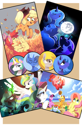 Size: 719x1112 | Tagged: safe, artist:karzahnii, applejack, derpy hooves, fluttershy, nightmare moon, pinkie pie, princess celestia, princess luna, queen chrysalis, rainbow dash, rarity, trixie, twilight sparkle, pegasus, pony, g4, female, lunar trinity, mane six, mare, s1 luna, three luna moon, three wolf moon