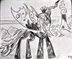 Size: 1936x1605 | Tagged: source needed, safe, artist:snow, queen chrysalis, changeling, changeling queen, g4, female, monochrome, solo, traditional art