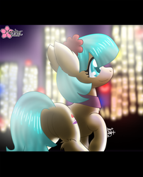 Size: 806x1000 | Tagged: safe, artist:clouddg, coco pommel, earth pony, pony, g4, city, featureless crotch, female, lights, night, solo