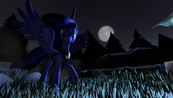 Size: 1920x1080 | Tagged: safe, artist:derpyhooves216, artist:jonndrakea, princess luna, g4, 3d, female, looking at you, moon, night, rock, solo, source filmmaker, tree