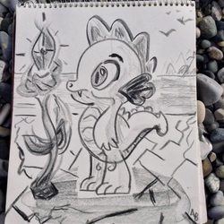 Size: 1936x1936 | Tagged: safe, artist:snow, spike, g4, male, monochrome, solo, traditional art