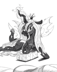 Size: 3000x3800 | Tagged: dead source, safe, artist:mark-terron, queen chrysalis, changeling, changeling queen, g4, birthday, chrysalislover, female, high res, monochrome, present, prone, solo, traditional art
