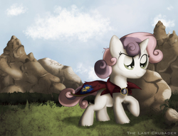 Size: 1075x826 | Tagged: safe, artist:sip, sweetie belle, g4, cape, clothes, cmc cape, female, fluffy, grass, messy mane, raised hoof, smiling, solo