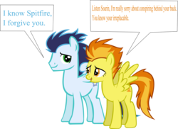 Size: 1600x1166 | Tagged: safe, artist:thebosscamacho, soarin', spitfire, pegasus, pony, g4, duo, female, male, show accurate, simple background, speech bubble, text, transparent background