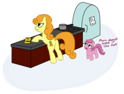 Size: 1843x1393 | Tagged: safe, artist:soup, carrot top, golden harvest, ruby pinch, earth pony, pony, unicorn, g4, cooking, duo, duo female, female, filly, foal, jaded pinch, mare, simple background, transparent background