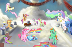 Size: 2550x1650 | Tagged: safe, artist:los-chainbird, apple bloom, applejack, derpy hooves, fluttershy, pinkie pie, princess celestia, princess luna, rainbow dash, scootaloo, spike, sweetie belle, oc, pegasus, pony, g4, cutie mark crusaders, female, mare, rainbow, s1 luna