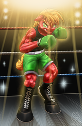 Size: 1410x2157 | Tagged: safe, artist:mykegreywolf, big macintosh, earth pony, anthro, unguligrade anthro, g4, boxing, boxing gloves, crossover, hoof boots, little mac (punch-out!!), middle mac, namesake, pun, punch-out!!