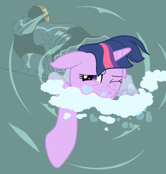 Size: 682x712 | Tagged: safe, artist:scintillant-h, twilight sparkle, pony, unicorn, g4, bubble, deathstroke, drowning, female, floppy ears, imminent death, mare, one eye closed, slade, teen titans, underwater