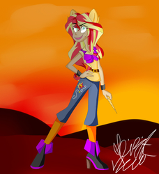 Size: 1096x1200 | Tagged: safe, artist:2-lettdodd, sunset shimmer, anthro, g4, female, human facial structure, solo, wand