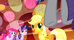 Size: 1099x597 | Tagged: safe, screencap, applejack, pinkie pie, rarity, twilight sparkle, earth pony, pony, unicorn, g4, sonic rainboom (episode), golden oaks library, unicorn twilight