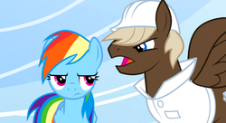 Size: 1099x597 | Tagged: safe, screencap, dumbbell, rainbow dash, pegasus, pony, g4, sonic rainboom (episode), annoyed, bully, duo, female, male, mare, stallion, weather factory uniform