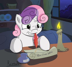 Size: 1917x1785 | Tagged: safe, artist:rainihorn, sweetie belle, g4, candle, female, friendship report, letter, mouth hold, night, quill, scroll, sitting, solo, writing