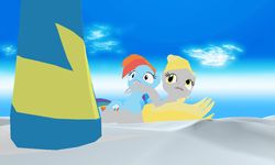 Size: 1280x768 | Tagged: safe, artist:the-horrible-mu, derpy hooves, rainbow dash, spitfire, surprise, pegasus, pony, g4, 3d, caught, cloud, cloudy, female, mare, mmd, preening