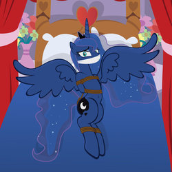 Size: 894x893 | Tagged: safe, artist:radiantrealm, princess luna, pony, g4, bed, belly button, bondage, cloth gag, female, gag, show accurate, solo, worried