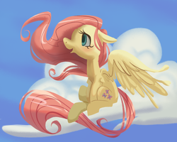 Size: 2500x2000 | Tagged: safe, artist:verrmont, fluttershy, pegasus, pony, g4, cloud, female, high res, on a cloud, sitting, sitting on a cloud, solo, windswept mane