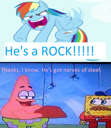 Size: 517x599 | Tagged: safe, rainbow dash, g4, maud pie (episode), crossover, male, meme, patrick star, rock, spongebob squarepants, spongebob squarepants (character), the great snail race