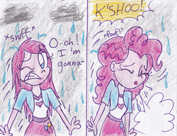 Size: 938x720 | Tagged: safe, artist:php68, pinkie pie, equestria girls, g4, crayon, cute, female, humor, pre sneeze, rain, sneeze cloud, sneezing, solo