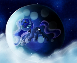 Size: 4200x3437 | Tagged: safe, artist:magnaluna, princess luna, alicorn, abstract background, crown, ear fluff, ethereal mane, female, jewelry, mare, moon, night, regalia, solo, starry mane, stars
