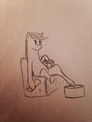 Size: 1536x2048 | Tagged: safe, artist:coffee mixer, oc, oc only, oc:serenity pony, chair, food, monochrome, popcorn, recliner, remote, solo, traditional art