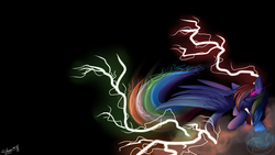 Size: 1920x1080 | Tagged: safe, artist:silverfox057, rainbow dash, pegasus, pony, g4, cloud, female, glowing eyes, lightning, solo, wallpaper