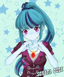 Size: 1000x1200 | Tagged: safe, alternate version, artist:d-tomoyo, sonata dusk, equestria girls, g4, my little pony equestria girls: rainbow rocks, anime, blushing, clothes, cute, female, heart, heart hands, high ponytail, jewelry, long hair, looking at you, necklace, pendant, ponytail, smiling, solo, sonatabetes, stars