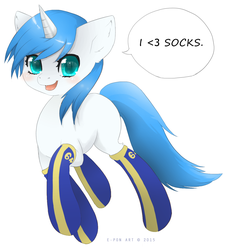 Size: 1338x1489 | Tagged: safe, artist:e-pon, oc, oc only, oc:aquamarine, fallout equestria, clothes, cute, looking at you, open mouth, reflection, simple background, smiling, socks, solo, speech bubble, trotting, white background