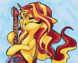 Size: 400x325 | Tagged: safe, artist:tinyunicornfarm, sunset shimmer, pony, unicorn, g4, electric guitar, female, guitar, musical instrument, solo, sunset shredder, traditional art