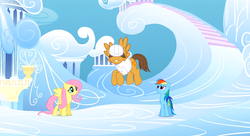 Size: 1099x597 | Tagged: safe, screencap, fluttershy, hoops, rainbow dash, pegasus, pony, g4, sonic rainboom (episode), cloudsdale, female, flying, male, mare, stallion, weather factory uniform