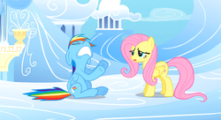 Size: 1099x597 | Tagged: safe, screencap, fluttershy, rainbow dash, g4, my little pony: friendship is magic, sonic rainboom (episode), drama queen, my life is ruined, rainbowdrama