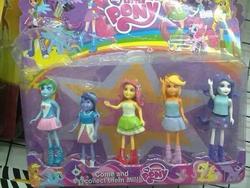 Size: 600x450 | Tagged: safe, applejack, fluttershy, rainbow dash, rarity, twilight sparkle, equestria girls, g4, bootleg, doll, female, irl, my little pony logo, photo, toy, why