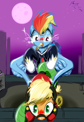 Size: 888x1284 | Tagged: safe, artist:frist44, applejack, mistress marevelous, rainbow dash, zapp, g4, power ponies (episode), blushing, butt touch, feathermarking, female, flirting, lesbian, never doubt tchernobog's involvement, power ponies, rooftop, ship:appledash, shipping, shocked