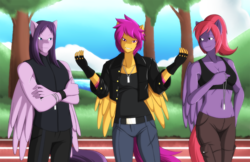 Size: 1224x792 | Tagged: safe, artist:marik azemus34, scootaloo, oc, anthro, g4, age progression, alternate hairstyle, attitude, badass, belly button, clothes, come at me bro, eyeliner, gloves, jeans, leather, leather jacket, midriff, older, tank top, tattoo, track, vest